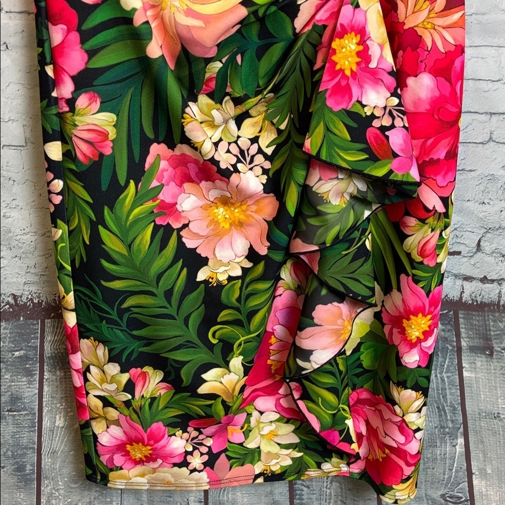 Tadashi Shoji ZORA FLORAL SHOULDER CUT-OUT DRESS SZ Medium Tropical Ruffle Sexy - Picture 8 of 16